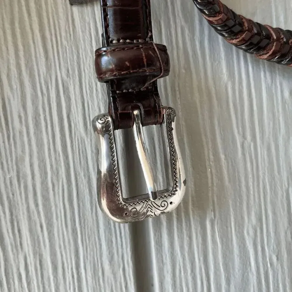 Brighton Braided Leather Belt L/34 Brown Croc Embossed w/ Silver Buckle